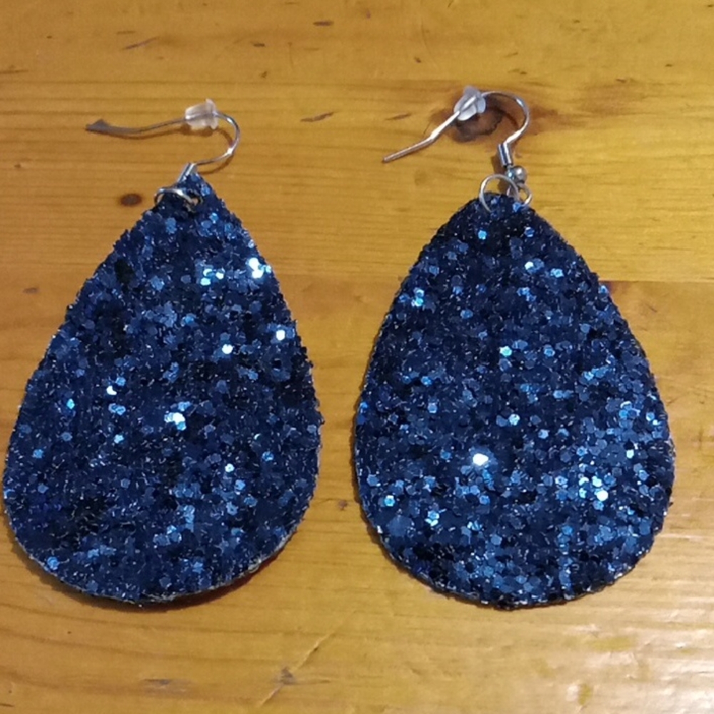 Blue Glitter Teardrop Faux Leather pierced Earrings